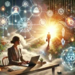 "Serene image depicting a 5D business model, showcasing a peaceful nature-inspired workspace with spiritual elements like glowing energy, crystals, and symbols of abundance.